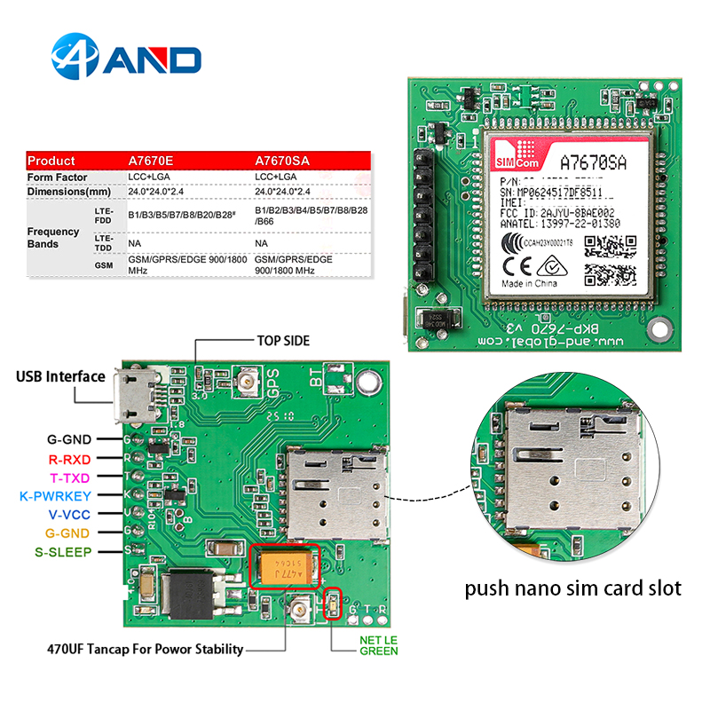 1pc new push push nano sim card slot A7670SA breakout LTE Cat 1 Module TTL A7670SA development