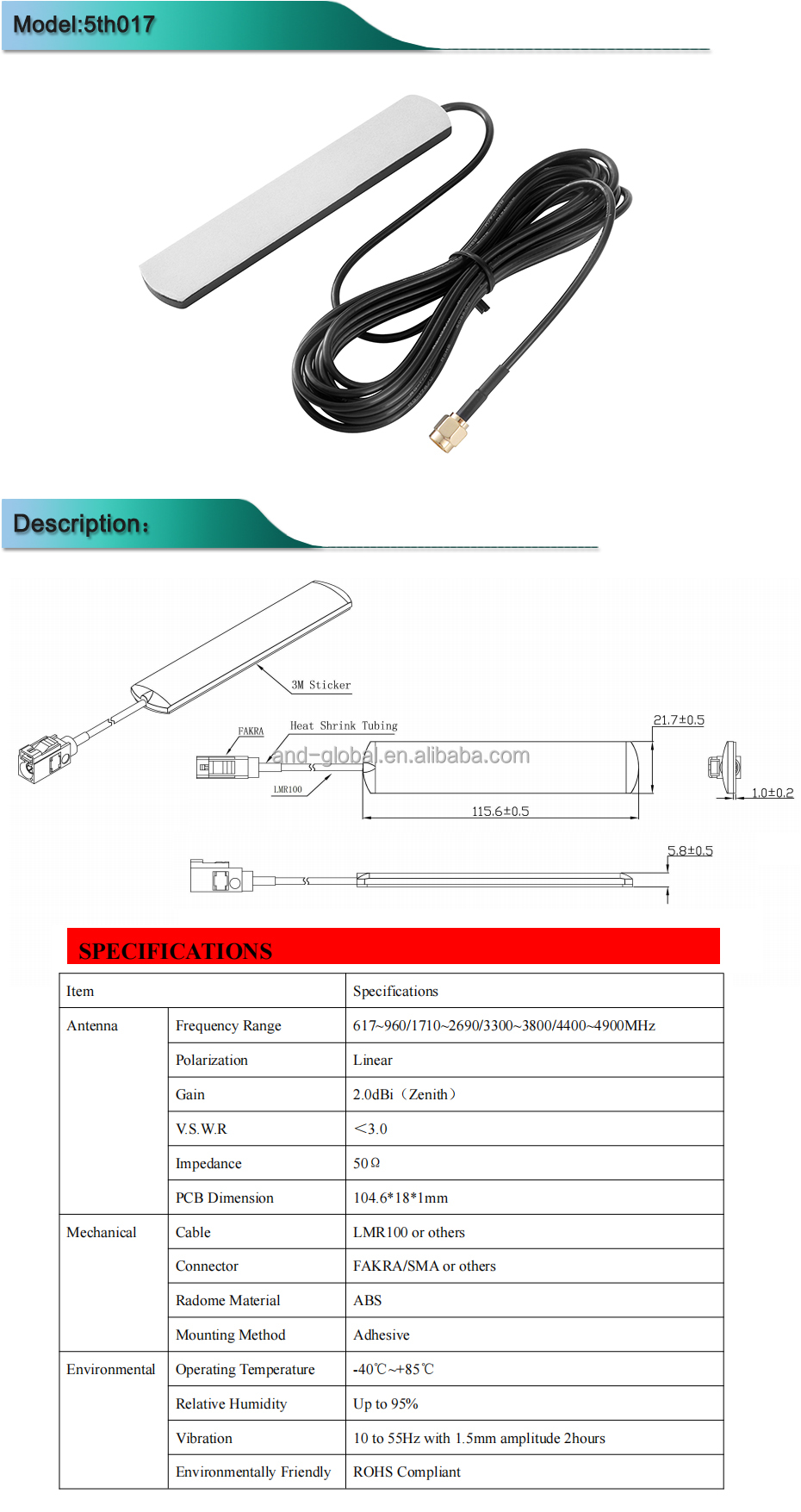 4G/5G 3.5dBi Adhesive Mount Low Profile Flat Antenna Compatible with Cisco Cradlepoint Digi MoFi Pepwave