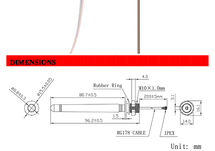 Ism Antenna Omni Direction Screw Ipex 868mhz Antenna,Rf1.37 100mm Length,Screw Type Ipx18 8