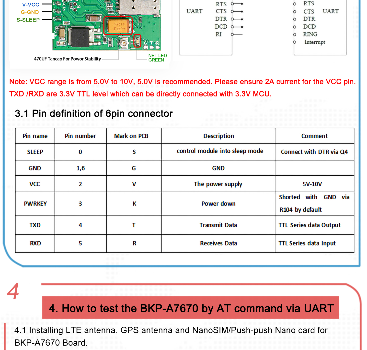 1pc new push push nano sim 4G CAT1 A7670G breakout development kits for global bands 9