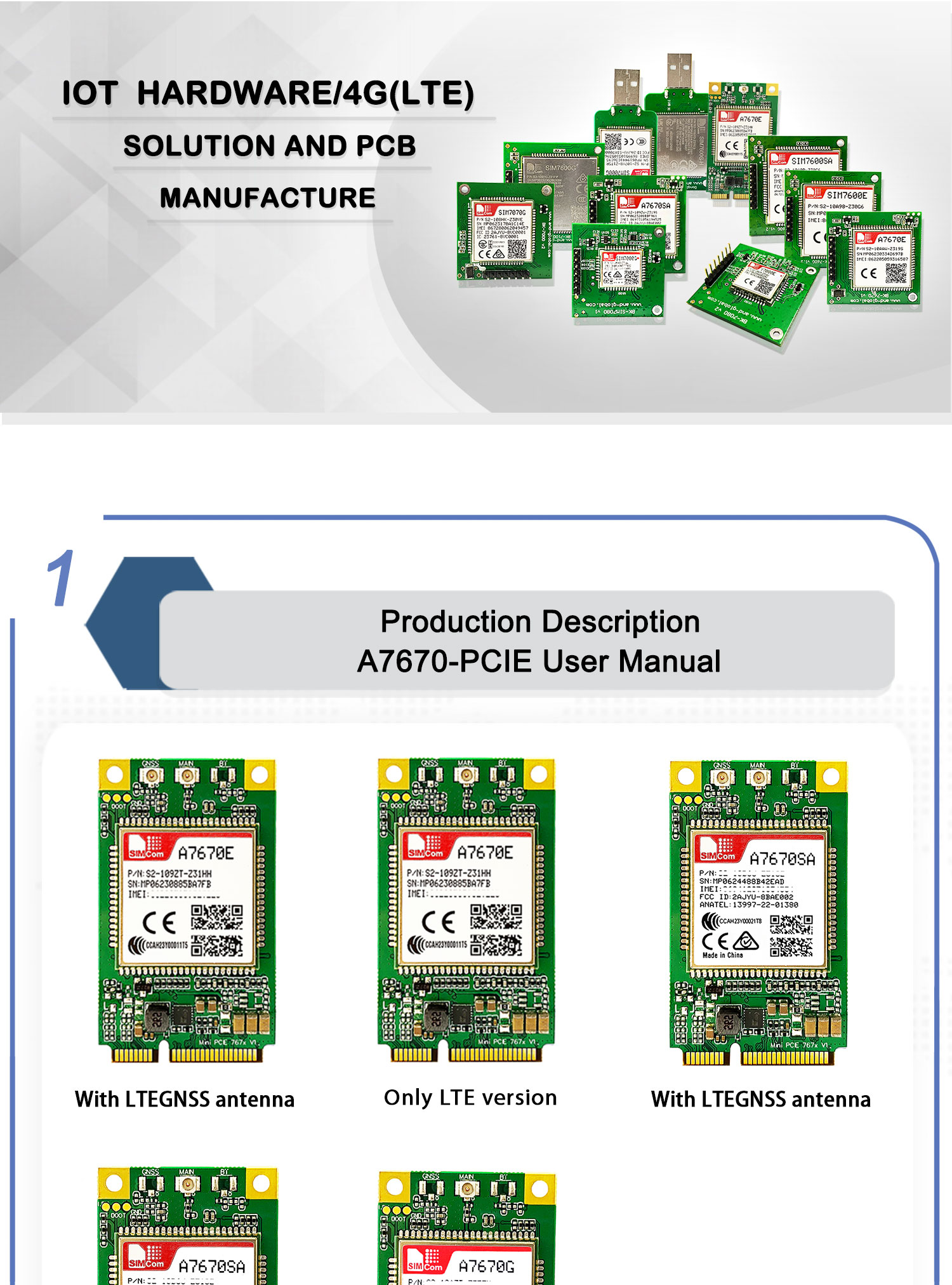 SIMCOM A7670E PCIE LASE,LTE Cat 1 A7670 4G PCIE module without GPS,only 4G 7