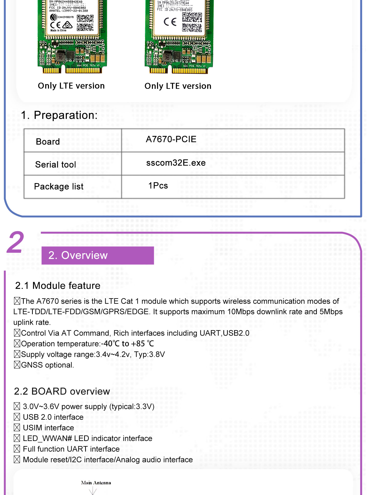 SIMCOM A7670E PCIE LASE,LTE Cat 1 A7670 4G PCIE module without GPS,only 4G 8