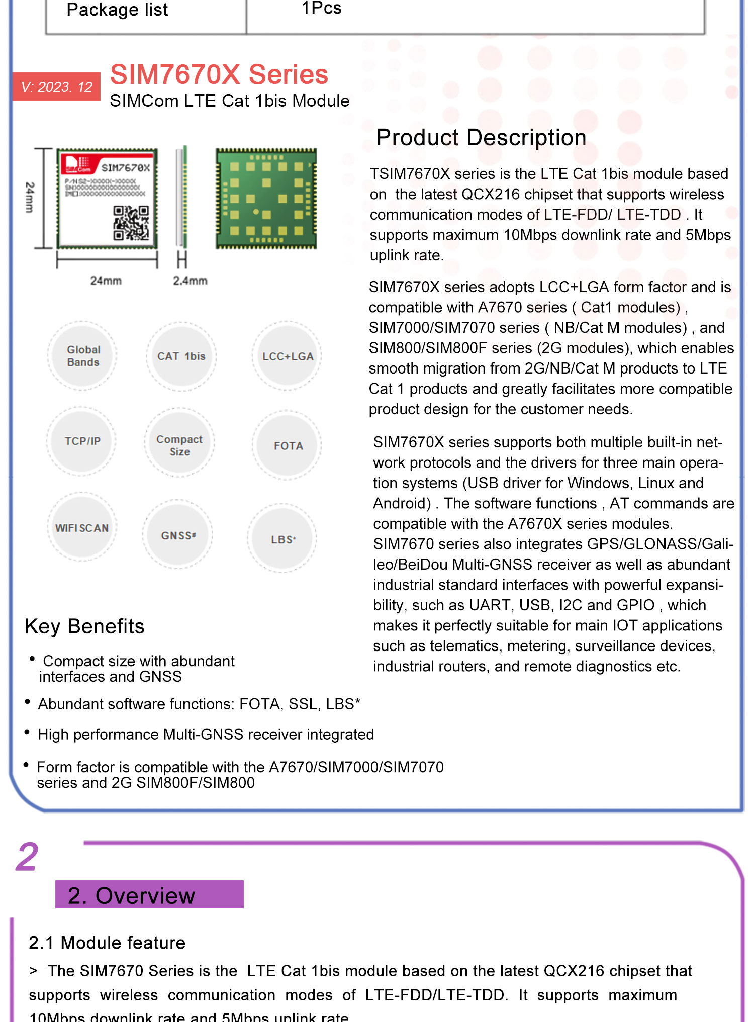 Mini PCIe SIM7670G LTE Cat Module Global Version 6